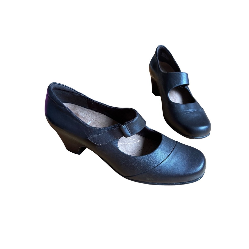 Clarks Black Leather Mary Jane Block Heel Pumps 10M Comfort Walking Professional